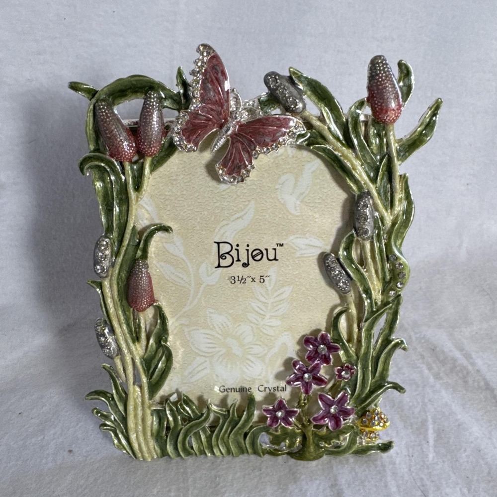 Bijou Jeweled Enameled Butterfly/Lily Picture Frame (insert: 3.5x5") 3D Stand